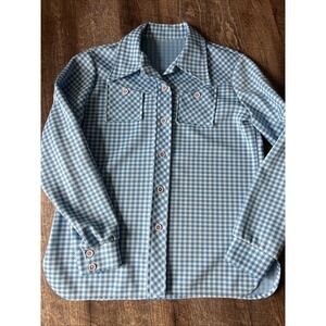 Vintage 70s Houndstooth Knit Shirt Blue Disco Wing Collar Womens M/L